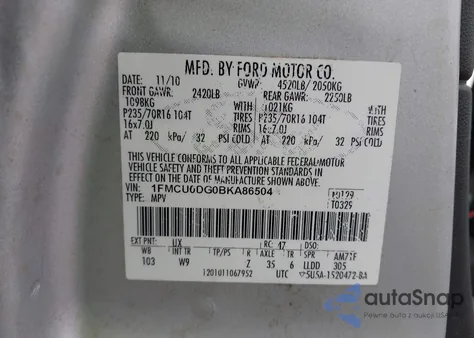 2011 Ford Escape Xlt from USA, damaged, VIN 1FMCU0DG0BKA86504
